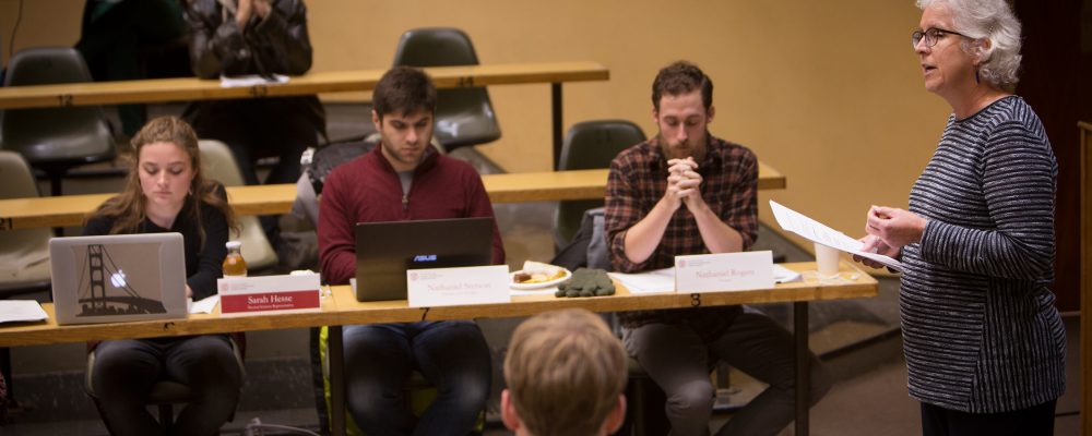 Dean Barbara Knuth speaks at a 2016 Graduate and Professional Students Association (GPSA) Meeting.