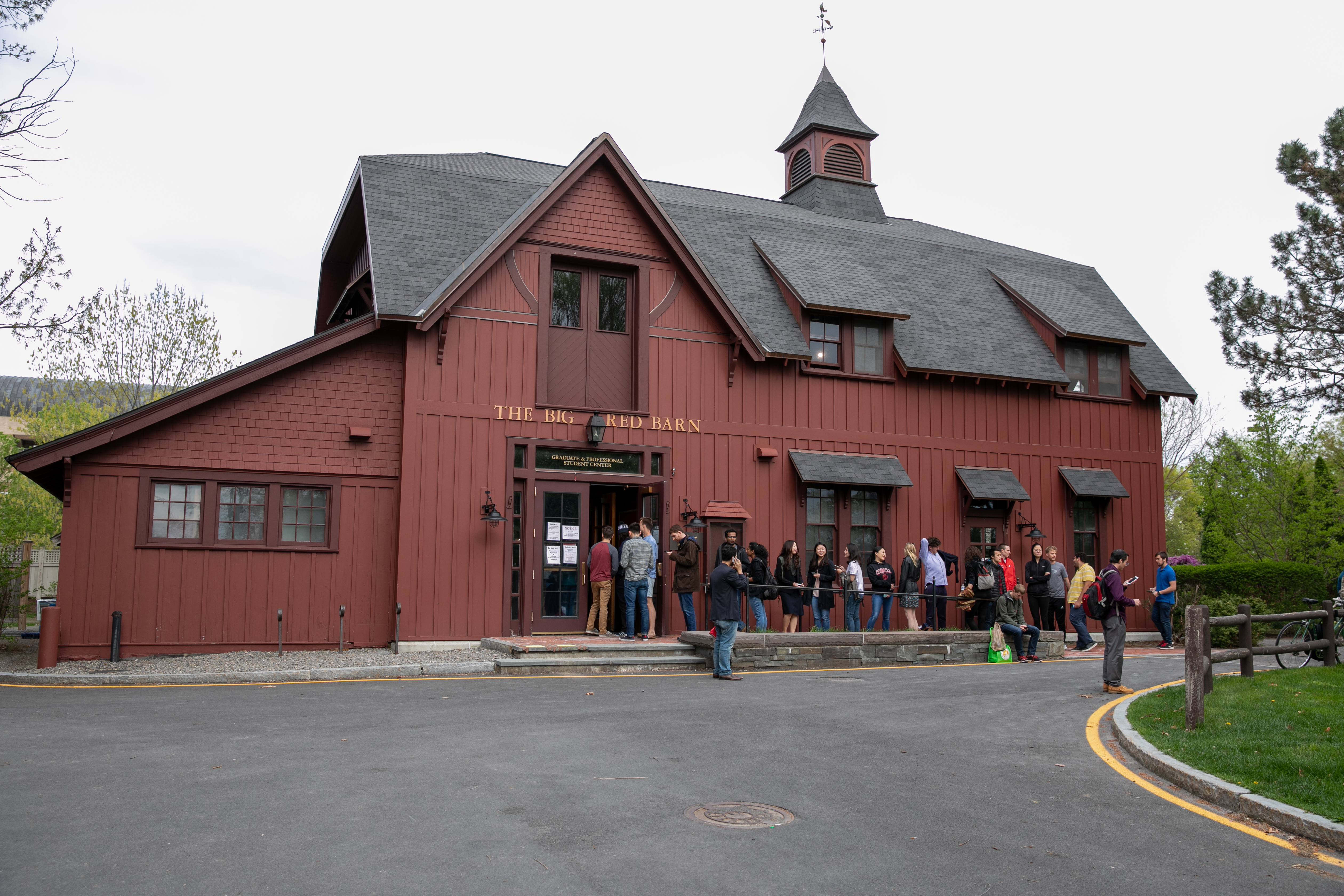 Students lining up outside the Big Red Barn