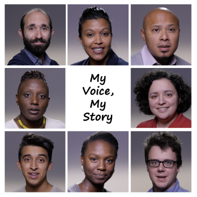 Headshots of 8 graduate students with the text My Voice, My Story