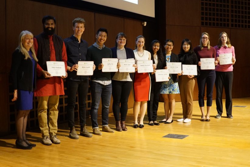 Finalists for 3MT 2019 with Associate Dean Jan Allen. From left: Teddy Yesudasan (1st), Robert Swanda, Jeffrey Pea (honorable mention), Maria Sapar, Pamela Meyerhofer (People's Choice), Ashwariya Lahariya, Michelle Duong (honorable mention), Shao-Pei Chou (2nd place), Cassandra Benson, and Katherine Adler. Credit: Phil Wilde