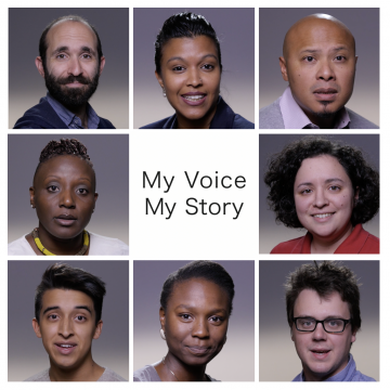 Headshots of eight graduate students and My Voice, My Story title