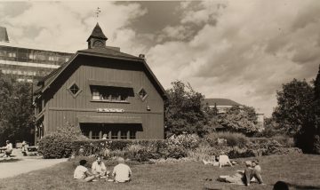 Historical Big Red Barn from Urn Garden