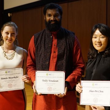 3MT 2019 winners: Pamela Meyerhofer (People’s Choice), Teddy Yesudasan (1st place), and Shao-Pei Chou (2nd place).