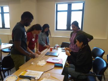 Students using dry spaghetti, marshmallows, and tape to form a tall structure.