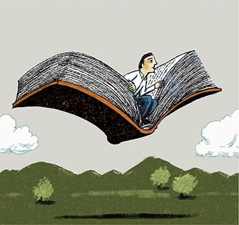 Person sitting in flying book
