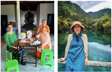 Left: Mary-Kate Long with Sayalay Aggawadi and Sayalay Cala Theri at their new nunnery. Right: Jiwon Baik.