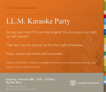 Do you love music? Do you like singing? Do you enjoy a fun night out with friends? Then don't be shy and join us for a fun night of karaoke. Pizza, snacks and drinks will be provided. Please contact ValeriaChiappini at va66@cornell.edu for any special arrangements you may require in order to attend this event.