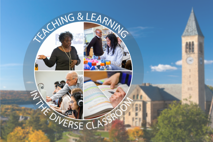 Teaching and Learning in the Diverse Classroom logo with images of faculty over a Cornell campus image