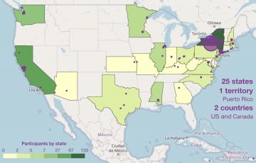 Map of the United States indicating the two countries, 25 states, and one territory from which participants tuned in to the Expanding Your Horizons conference