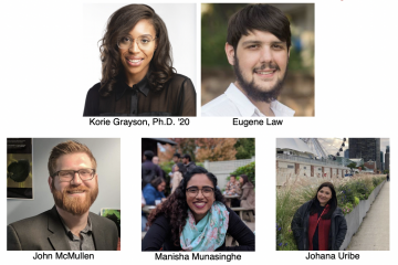 Korie Grayson, Ph.D. '20, and doctoral candidates Eugene Law, John McMullen, Manisha Munasinghe, and Johana Uribe