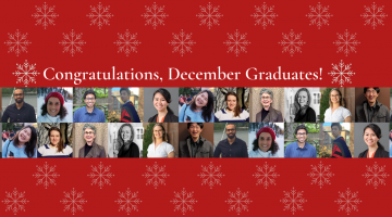 Text reading, "Congratulations, December graduates!" with snowflake graphics above, two rows of graduating doctoral student images below, and snowflake graphics below the graduates.