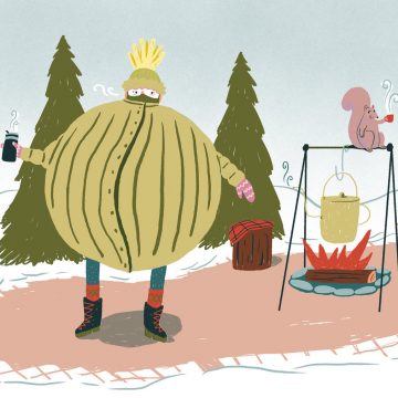 Graphic of person holding a steaming mug and wearing enough layers to make him a sphere next to a kettle over a bonfire and a squirrel holding a steaming mug.