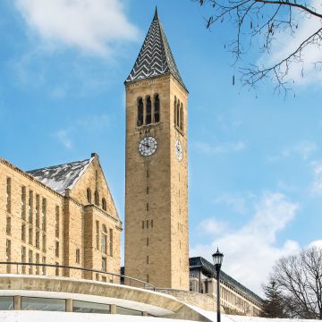 McGraw Clocktower from Libe Slope in winter.