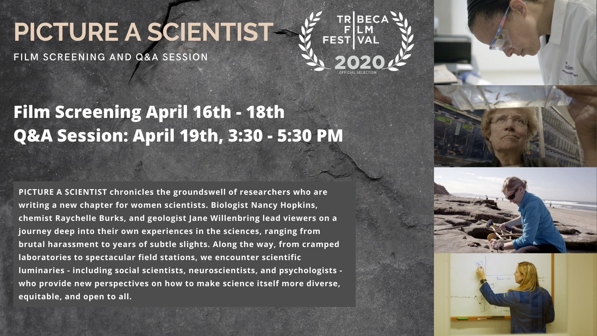Images of four women and text on a gray background, Picture a Scientist Film Screening April 16-18 and Q&A Session April 19 3:30-5:00pmET, Tribeca Film Festival 2020 Official Selection. Text description available at: https://events.cornell.edu/event/picture_a_scientist_film_viewing_and_qa_panel