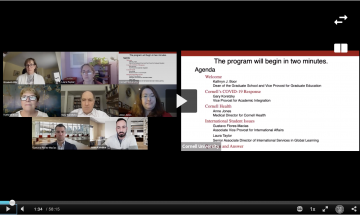 Screenshot of the Graduate School Spring 2021 Town Hall with panelists and moderators on the left side of the screen and the PowerPoint displaying the agenda on the right side.