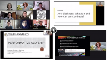 Screenshot of Building Allyship Series acceptance video for Perkins Prize Honorable Mention. Screenshot divided into four screens: Board members in Zoom grid and stills captured from three events with presentation next to presenter.