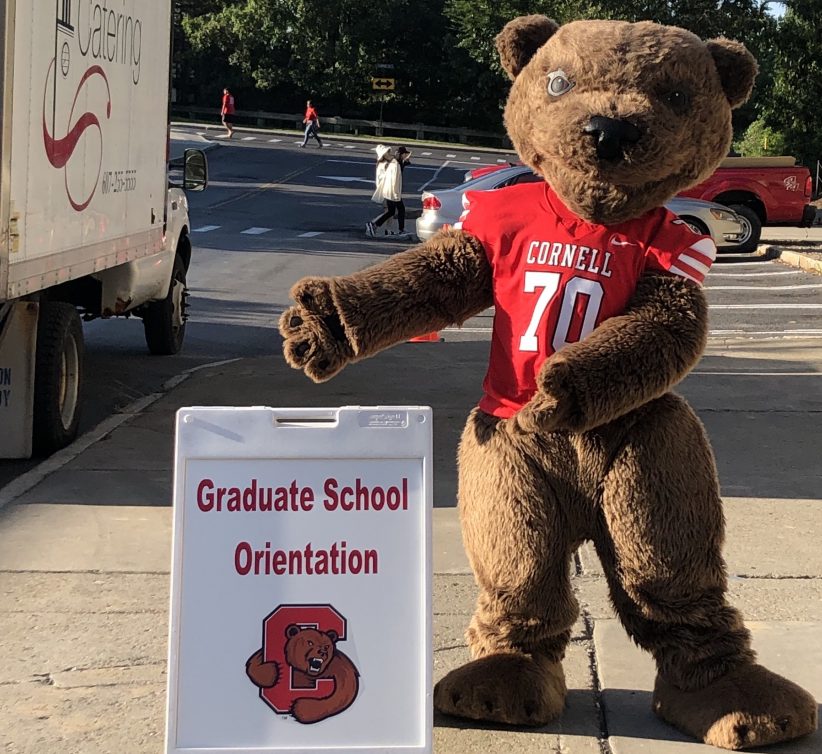 Big Red Bear gestures to Graduate School Orientation sign