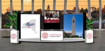 Cornell's Graduate School's virtual booth at the fair, comprising images of the Graduate School logo, McGraw Tower, Ithaca on a New York state map, students at a past in-person fair, and a backdrop of Cornell seen from a distance at sunset.