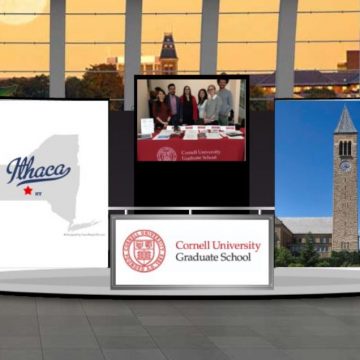 Cornell's Graduate School's virtual booth at the fair, comprising images of the Graduate School logo, McGraw Tower, Ithaca on a New York state map, students at a past in-person fair, and a backdrop of Cornell seen from a distance at sunset.