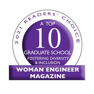 Graphic with text, "2021 Readers' Choice A Top 10 Graduate School Fostering Diversity & Inclusion Woman Engineer Magazine"