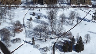 Aerial view of snowy campus
