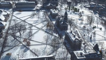 Aerial view of Cornell's Ithaca campus in winter