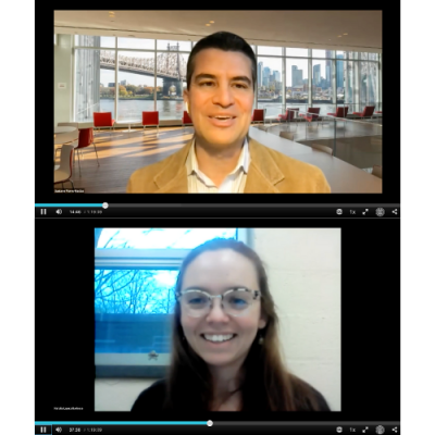 A screenshot of Gustavo Flores-Macías speaking during the November 2021 Building Allyship Series session, and a screenshot of Natalia Lopez Barbosa moderating the session.