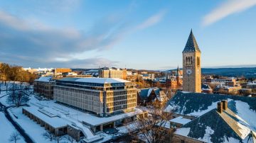 Aerial view of Cornell's Ithaca campus after a snow