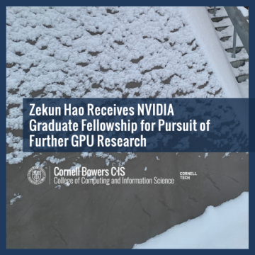 A snow covered sidewalk with text, "Zekun Hao receives NVIDIA Graduate Fellowship for pursuit of further GPU research. Cornell Bowers CIS College of Computing and Information Science. Cornell Tech."