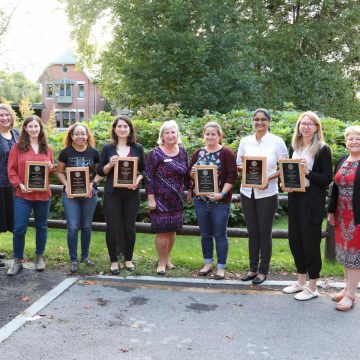 2022 Postdoc Achievement Award recipients with Associate Dean for Professional Development Colleen McLinn, Director of Postdoctoral Studies Christine Holmes, and Dean of the Graduate School and Vice Provost for Graduate Education Kathryn J. Boor