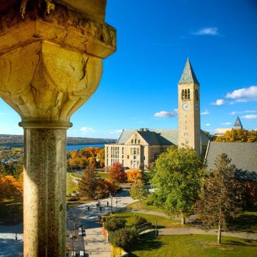 McGraw Tower, Uris Library and Ho Plaza in fall, shot from Barnes Hall.