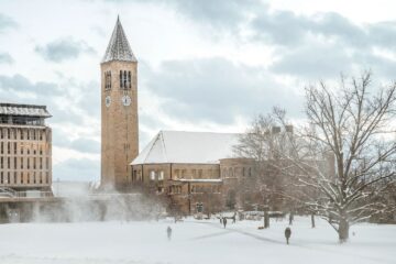 Snow blows across the Arts Quad