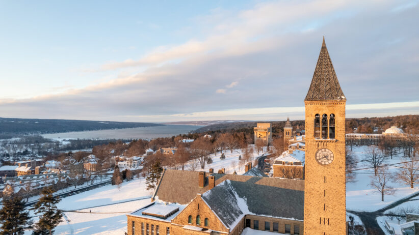 Aerial view of McGraw Tower with Cayuga Lake.