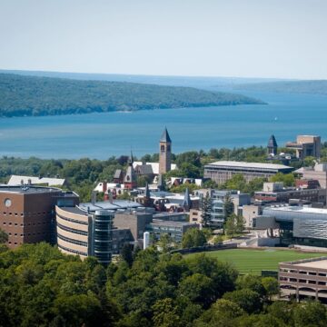 Cornell's Ithaca campus with Cayuga Lake in the background.