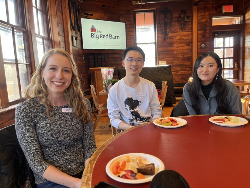 Kim Hochstedler, Yurong You, and Fangming Cui at the 3MT reception at the Big Red Barn.