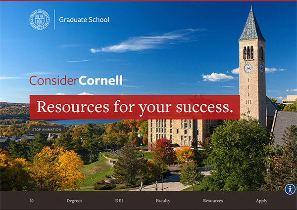 Screenshot of homepage for recruitment.gradschool.cornell.edu