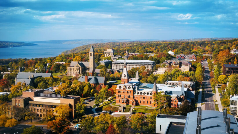 Aerial view of Cornell's Ithaca campus in fall