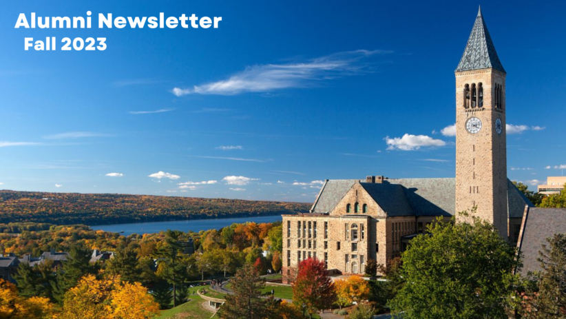 McGraw Tower with Cayuga Lake in the background in fall with text reading Alumni Newsletter Fall 2023