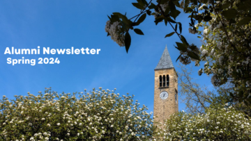 McGraw Tower framed by spring flowers with text reading 'Alumni Newsletter Spring 2024.'