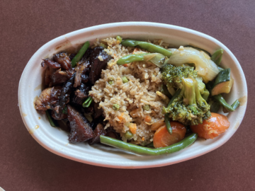 Barbecue pork, fried rice, and veggies from the singing wok station at Trillium