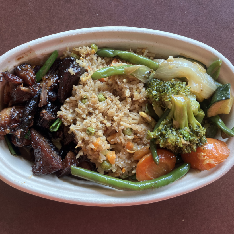 Barbecue pork, fried rice, and veggies from the singing wok station at Trillium
