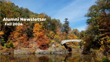 Alumni Newsletter Fall 2024. A bridge over part of Beebe Lake surrounded by fall foliage.