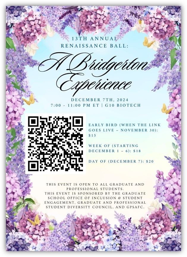 Flyer for 13th Annual Renaissance Ball: A Bridgerton Experience. Additional flyer information also presented as page text.