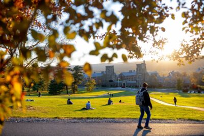 Students enjoy an autumn sunset from Libe Slope.