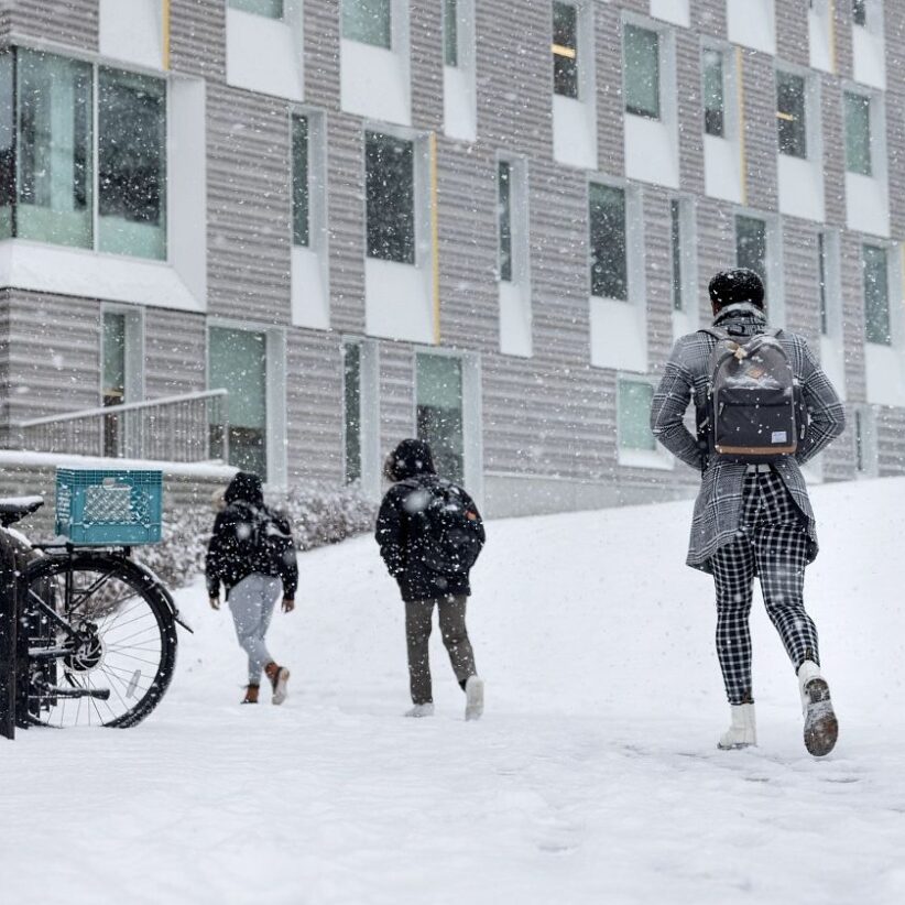 Students walk up a snow-covered path while snow continues to fall around them.