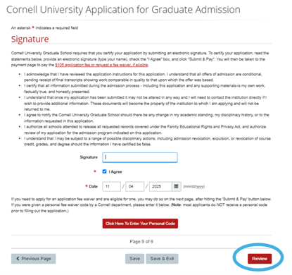 Screenshot showing the review button at the bottom of the Cornell University Application for Graduate Admission, underneath the signature section, is circled for emphasis