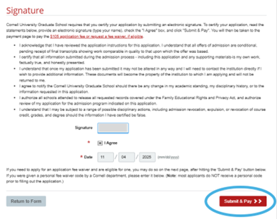 Screenshot showing a red button at the bottom of the application page stating "Submit & Pay." The button is circled in blue for emphasis.