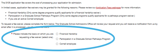 This screenshot shows all three fee waiver options, which are circled in blue for emphasis. 