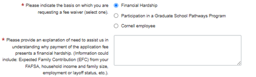 This screenshot shows a text box open when the Financial Hardship Fee Waiver is selected, which allows an applicant to enter a response.