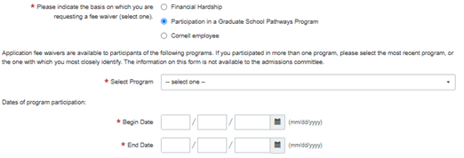 This screenshot shows the drop-down options for selecting the pathways program, as well as the start and end participation dates. 